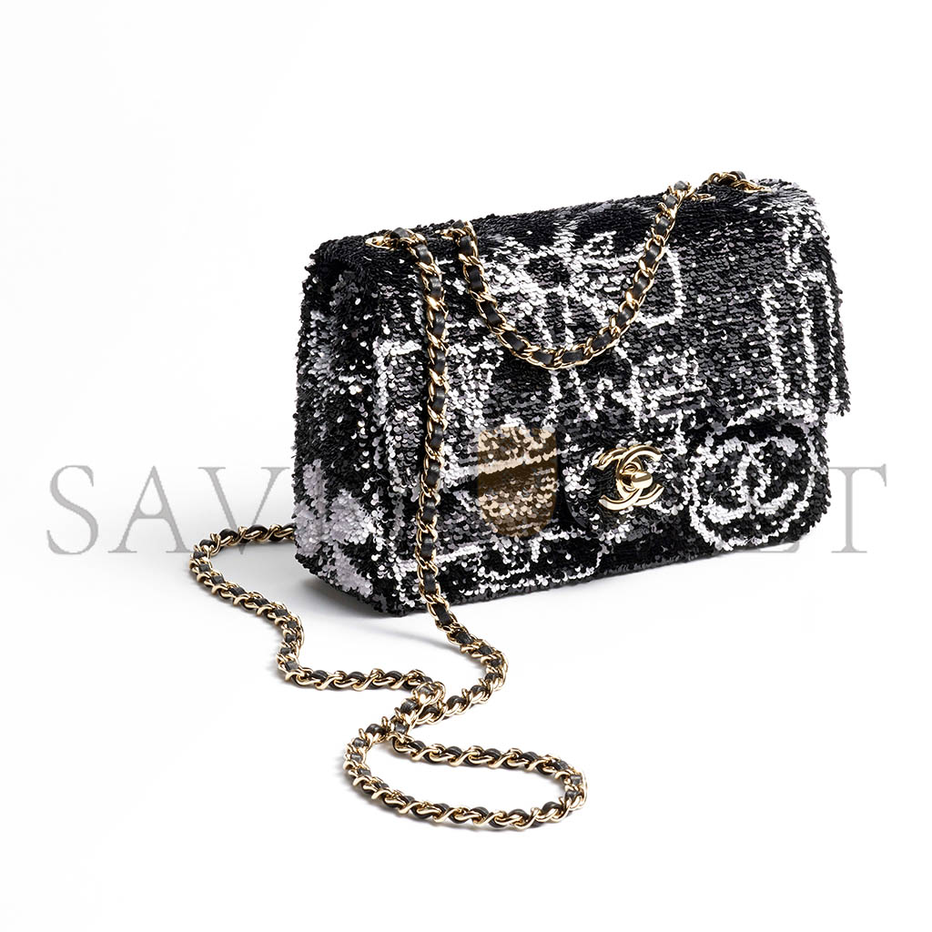 CHANEL MASTER FLAP BAG SEQUINS & GOLD-TONE METAL BLACK & WHITE AS4561 (21*14*8cm)